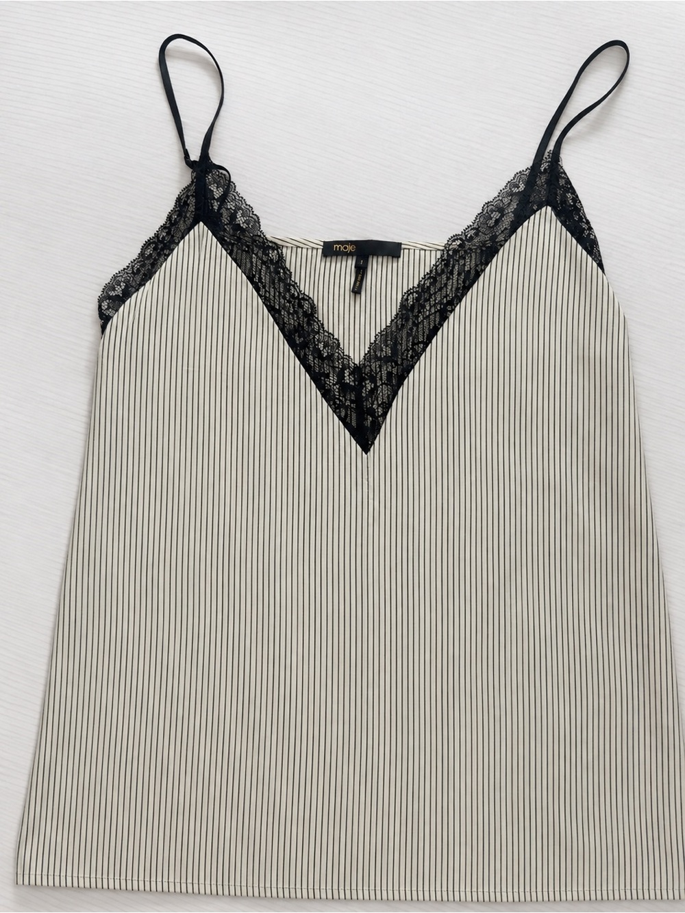 Maje Cream and Black Pinstripe Satin Camisole with Lace Trim